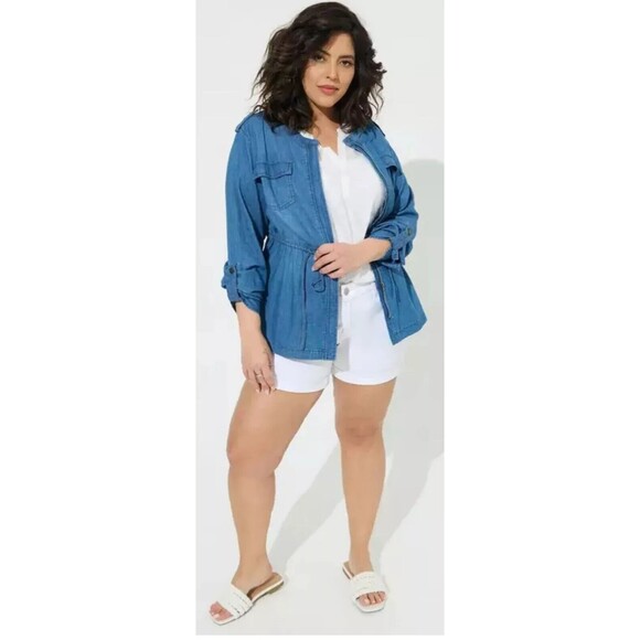 Torrid Denim Drawstring Waist Utility Jacket  4X  Chambray Denim Roll-Tab Sleeve - Picture 2 of 15